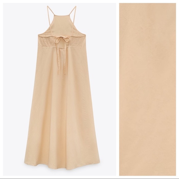 NWT. Zara Beige-Pink/Peach Linen Blend Embroidered Midi Dress. Size M. - Picture 8 of 12